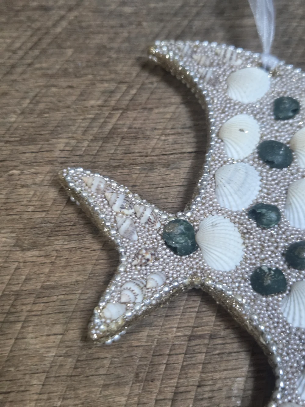 Seashell Fish Hanging Ornament - White & Green Accent